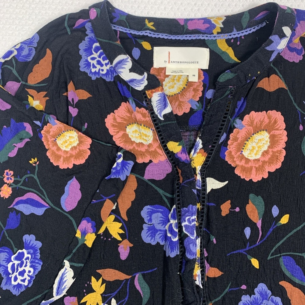Anthropologie Floral Blouse Women’s XS Dolman Sleeve Ruffle Hem Oversized